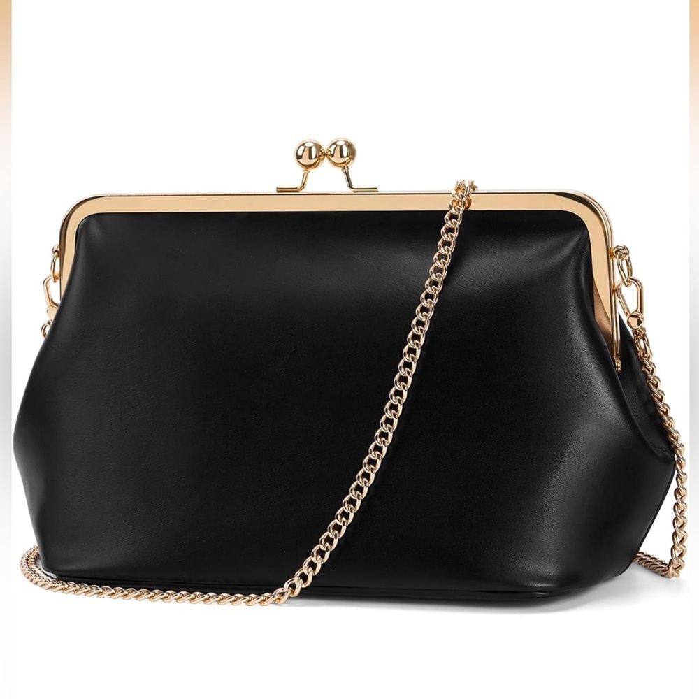 Black And Gold Kisslock Bag/ Purse Soft Leather Like With Detachable Strap